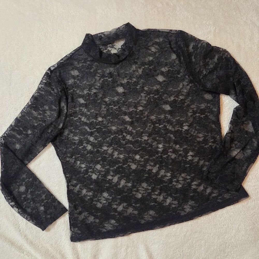 Black Plus Size Sheer Lace Fitted Mockneck Longsleeve Top